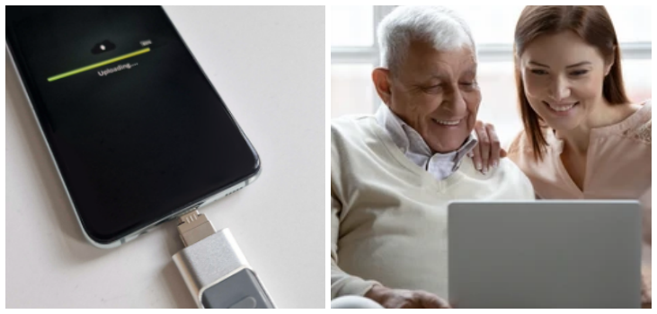 Collage of a phone loading files to Phoxfer and an older man looking at a laptop with a young woman